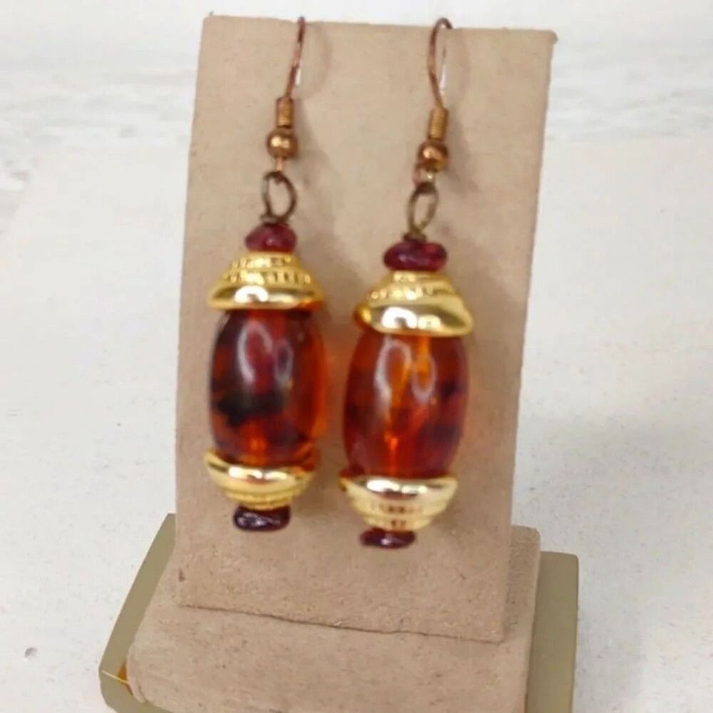 Gold and Brown Barrel Dangle Earrings Vintage